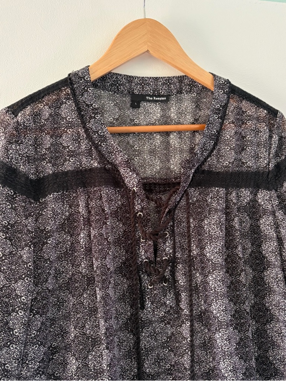 The Kooples Size Large Black & Gray Lace-Up Patterned Sheer Blouse Boho Flowy - Picture 6 of 14